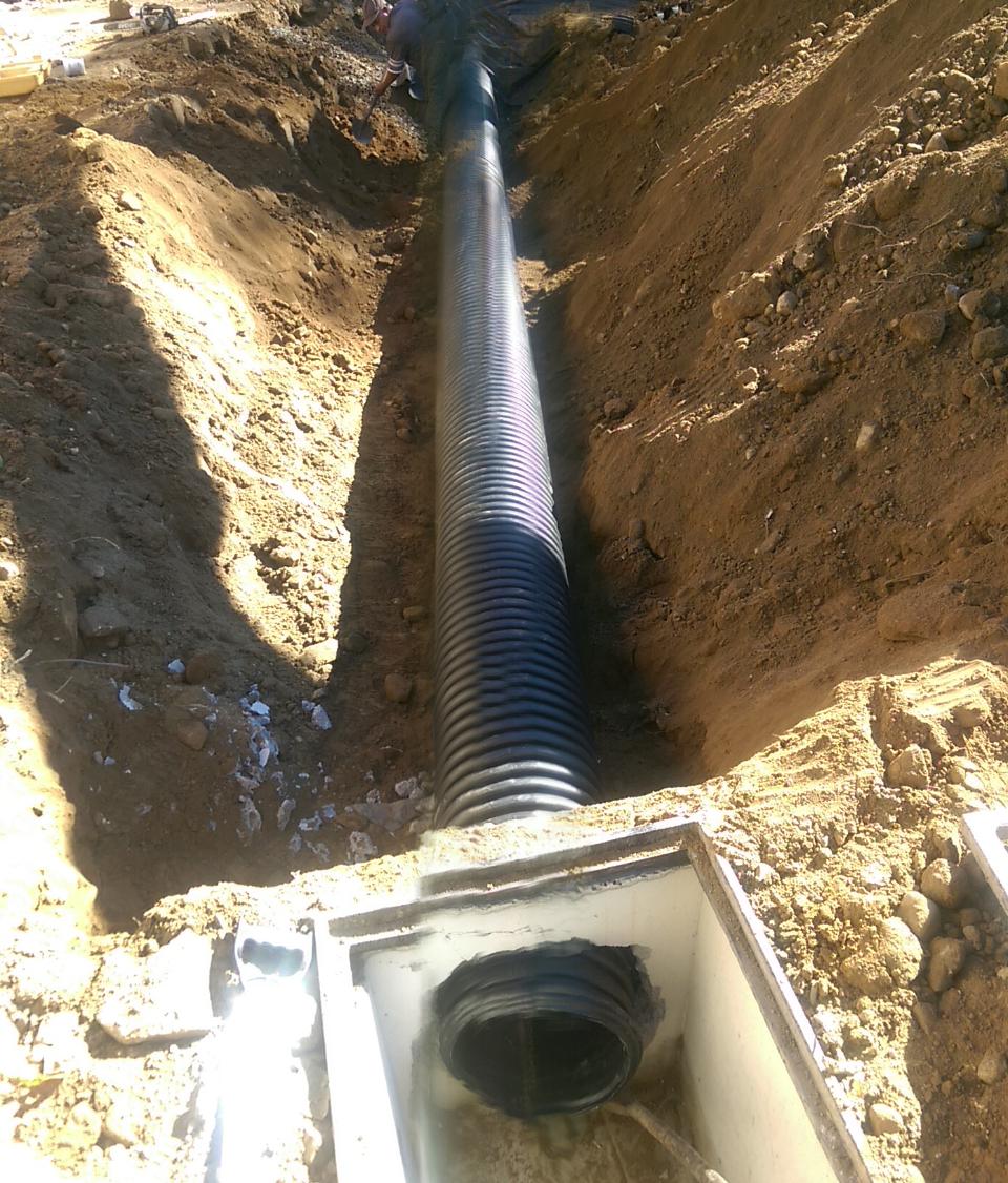 Large pipe being installed in trench